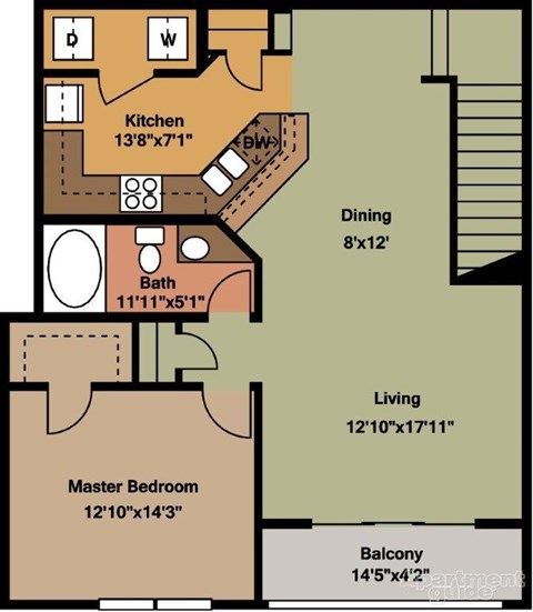 A floor plan of a home showing a kitchen, dining area, living room, bathroom, and balcony.